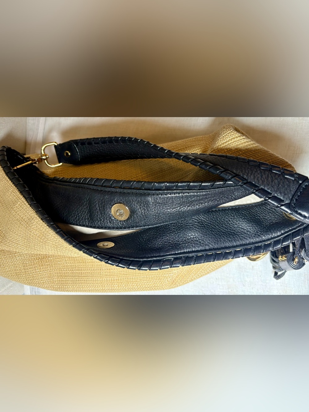 Michael Kors Straw Woven Hobo Shoulder Bag Black Leather Trim Gold MK Gold Charm - Picture 10 of 12